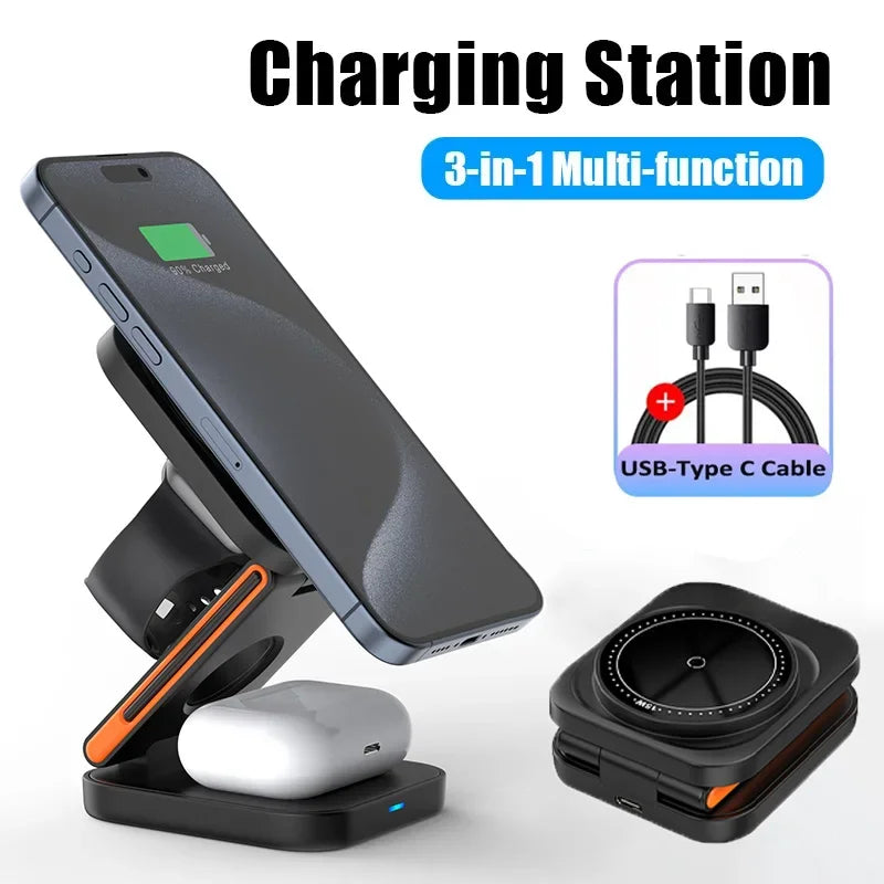 Suporte De Carregador Magnético Sem Fio Dobrável 3 Em 1 Para iPhone 15 , 14 , 13 , 12 Pro/Max/Plus , AirPods 3/2 Station Dock Rápido